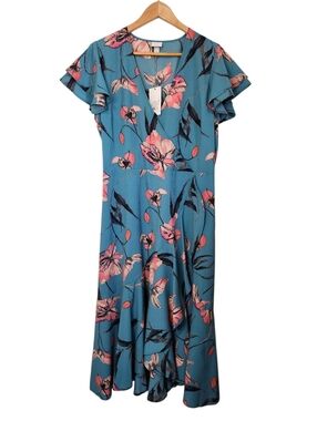 A New Day NWT Ruffle Floral Faux Wrap Midi Dress Womens Large Blue & Pink